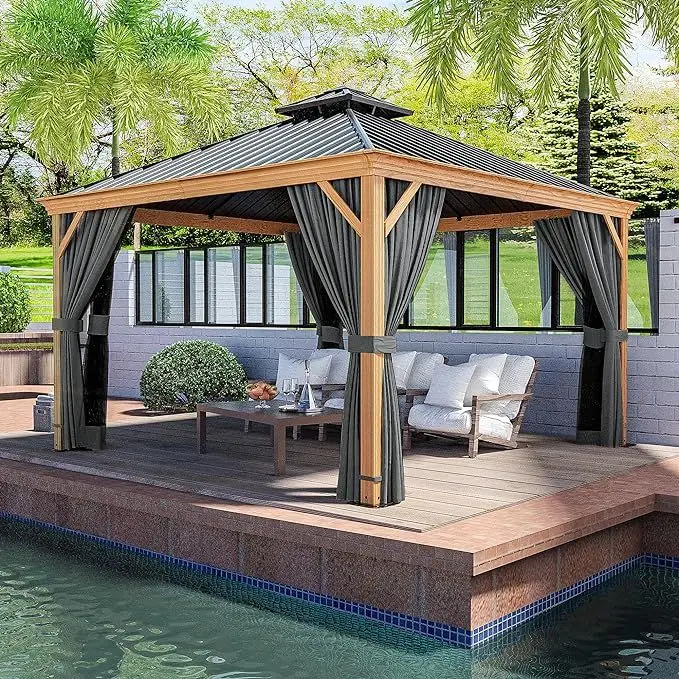 Outdoor Aluminum Gazebo Double Roof Permanent Patio Gazebo Canopy with Netting and Curtains for Garden Patio Lawns Parties