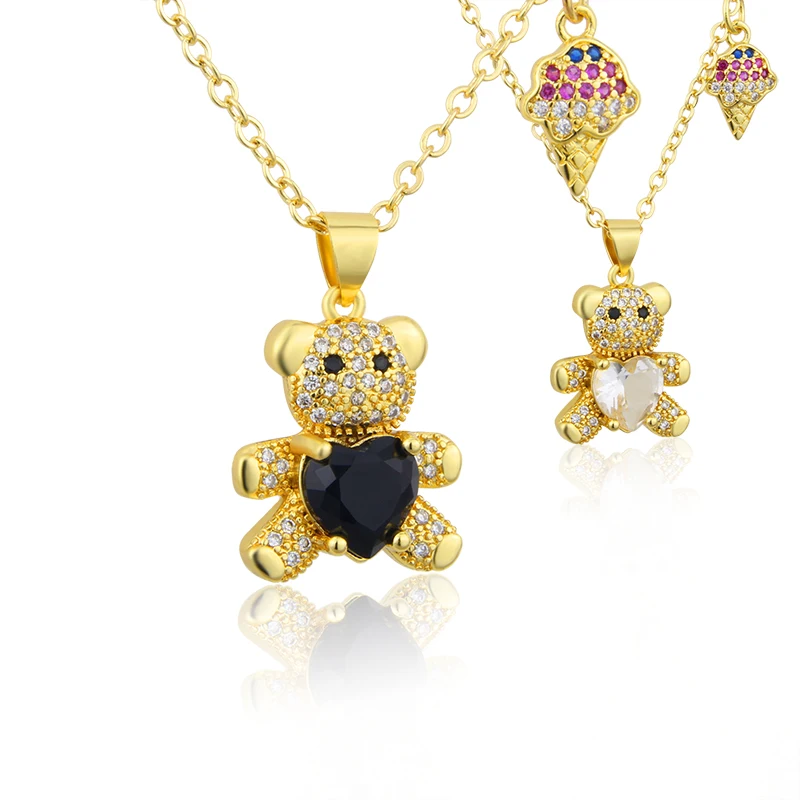 New Design Fashion Diamond Love Bear Pendant For Women  Cute Teddy Bear Ice Cream Combination Necklace