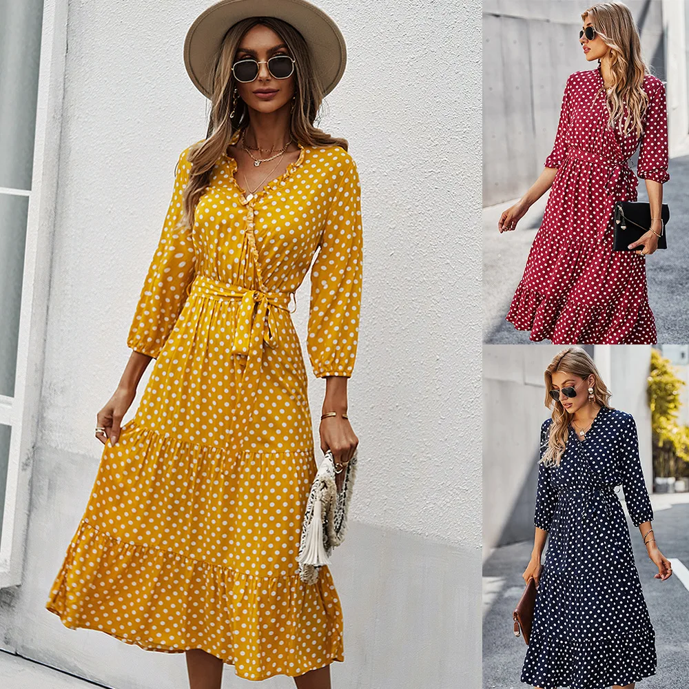 Chinese clothes supplier 100% polyester polka dots print ruffled v neck tiered gather big hem A line casual maxi dresses