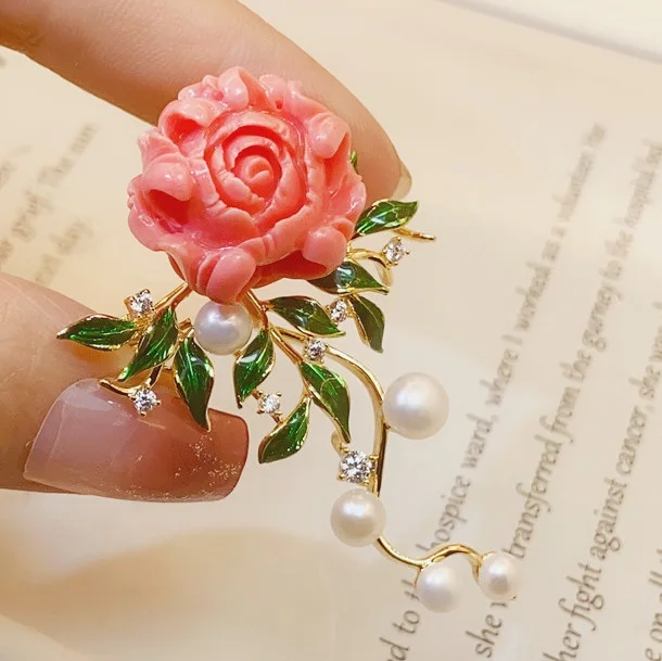 Luxury Broche Bijoux Gold Plated Pink Peony Flower Brooches Pin Elegant Broches De Flores Broches Femmes