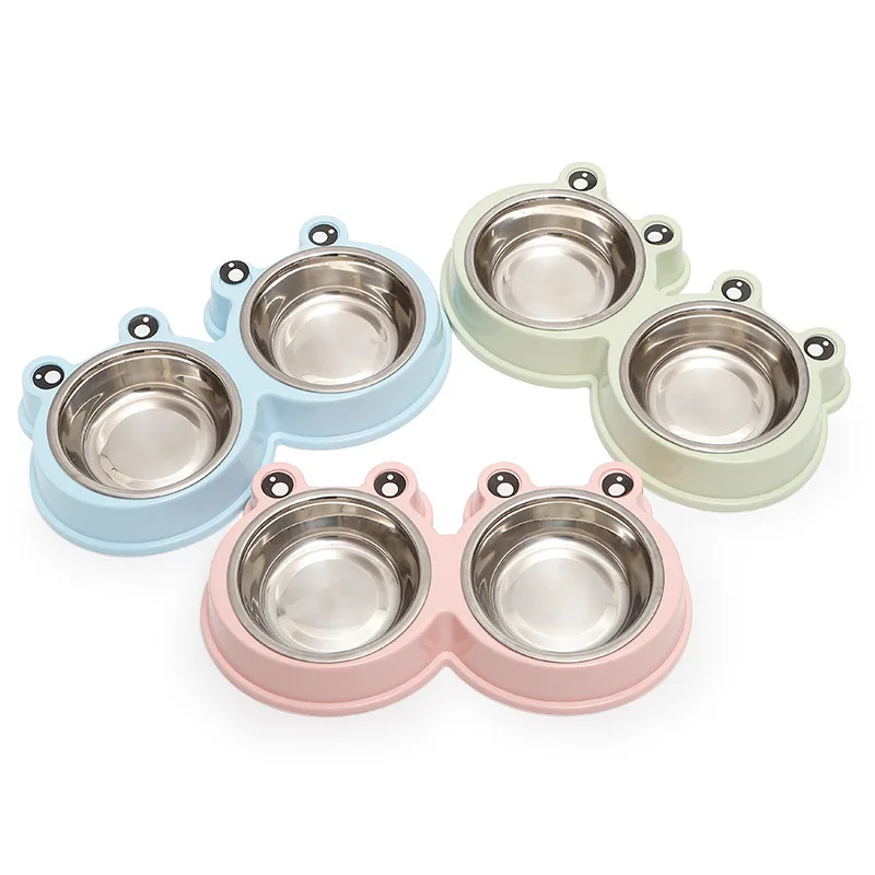 High Quality Cat Dog Food Drinking Bowl Non-slip Stainless Steel Pet Bowls Cartoon Frog Two In One Pet Double Bowl
