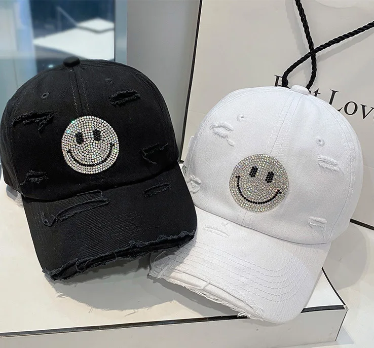 Бесплатная доставка, оптовая продажа, шапка с надписью happy smile dad со стразами, шарик с улыбкой, винтажная блестящая рваная джинсовая шапка с нашивкой, шапка с улыбкой