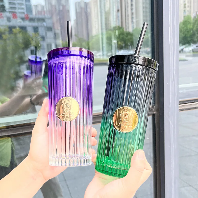 Seaygift creative 470ml car travel coffee milk juice cup girls gift glass tumbler mug vertical striped gradient glass straw cup