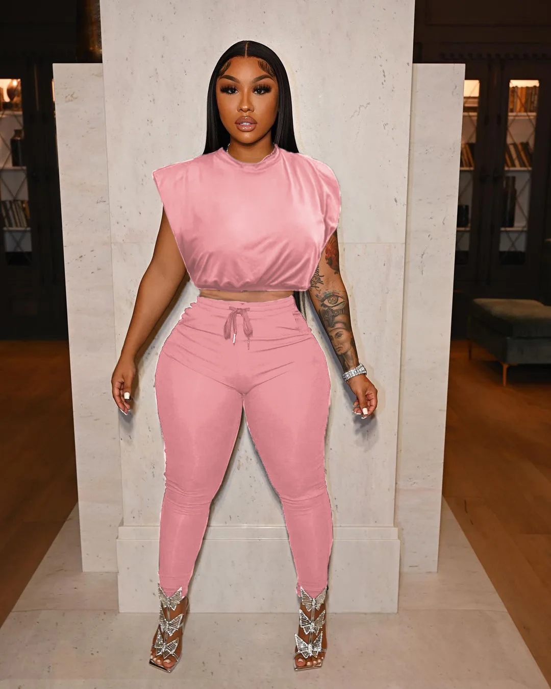 M7559 New arrival solid color crop tank top 2 piece pants set matching sets spring 2022 womens clothing