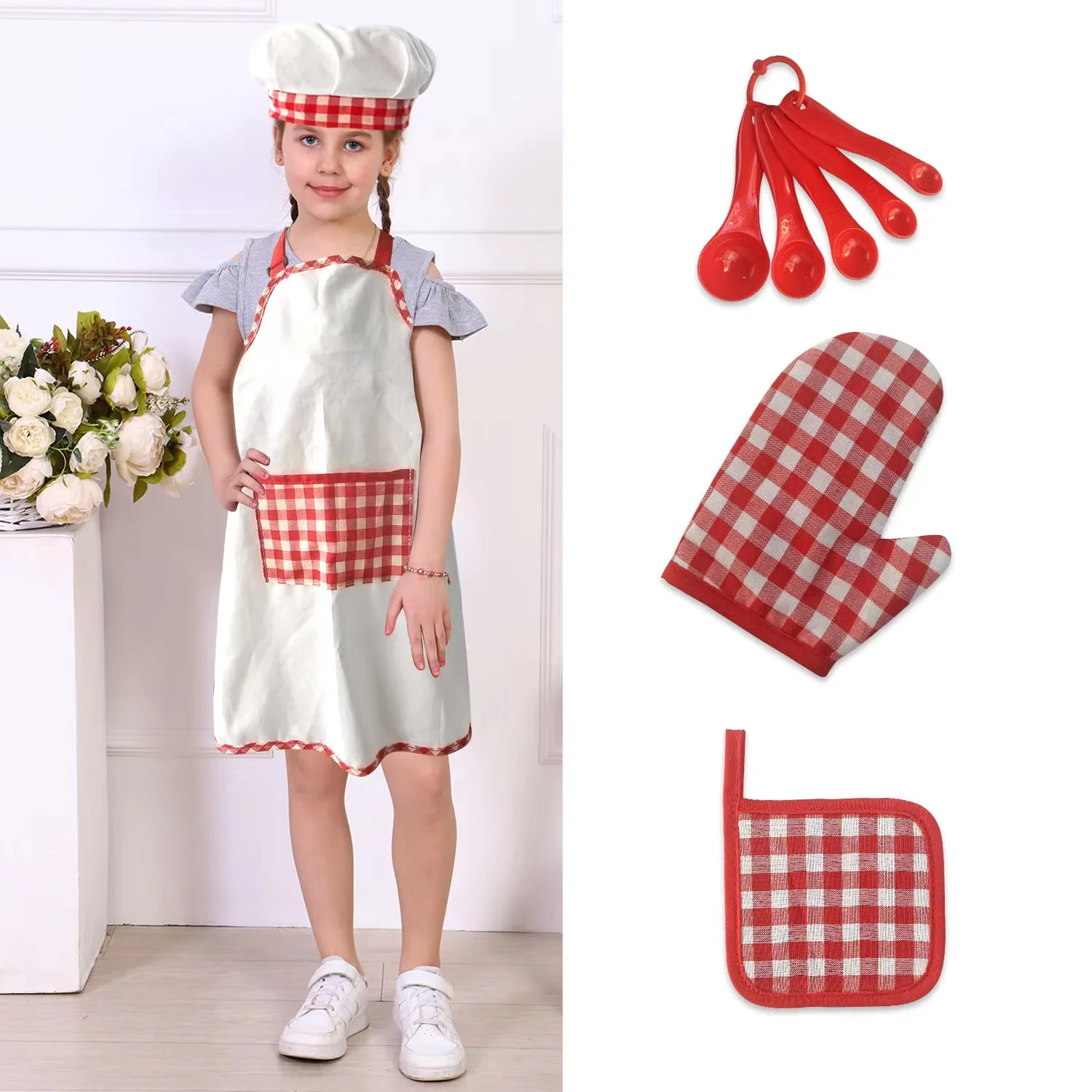 5pcs Kids Cooking and Baking Chef Set, Toddler Dress Up & Pretend Play Costume Clothes, Apron & Accessories Kitchen Toys
