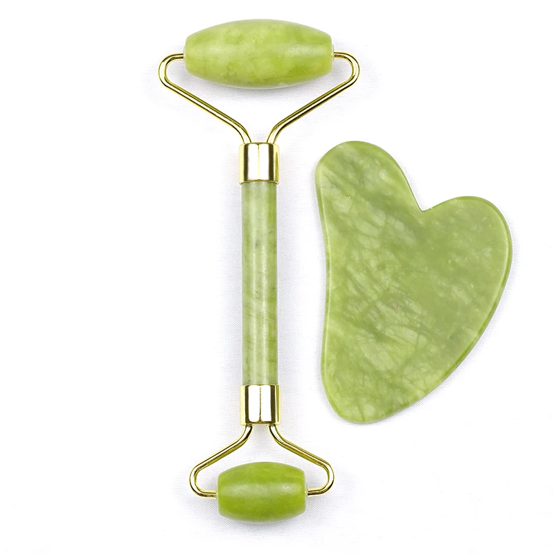 
High Quality Green quartz jade stone roller facial guasha massage tool Green jade roller gua sha with box 