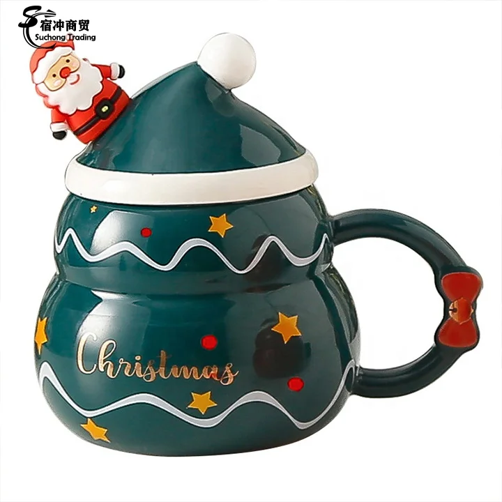 Wholesale 3D Christmas Trees Snowman Jingling Bell Santa Claus Ceramic Cups Coffee Mug With Lids Gift Box