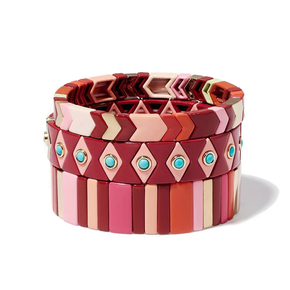 
Wholesale Custom Yellow Blue Gold Rainbow Bracelet Set Hand Bracelets Bangles For Men Enamel Tile Stacked Bracelets Set 