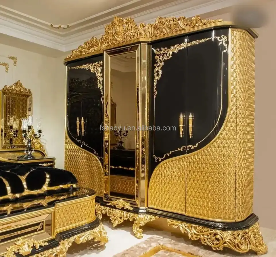 2023 Turkish Middle East Eastern Luxury Antique Royal Hand Carved Bed Room Furniture Set Five Pieces Black Gold African American