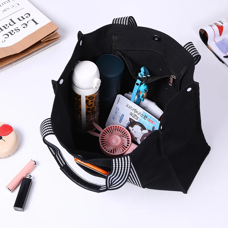 Large Capacity Square Canvas Tote Bag for Women Customizable with Striped Handle and Letter Pattern for Travel and Shopping