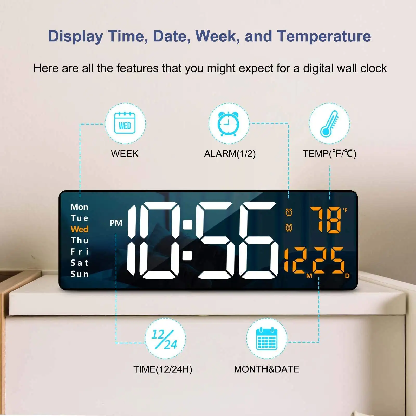 Digital Wall Clock Large Display 16.2 Inch LED Digital Clock with Date Week Temperature with Remote Control Wall Clock Alarm