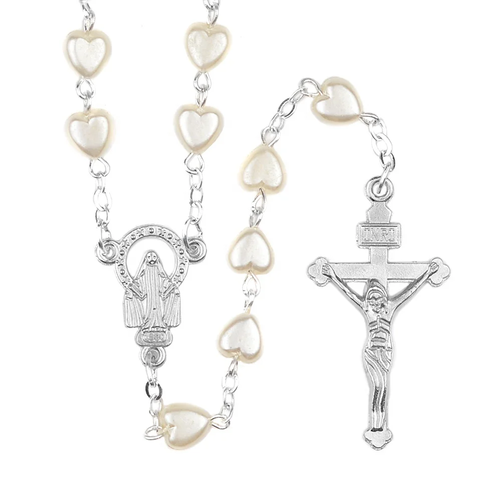 Heart Shape 6mm Plastic Pearl Beads Women Catholic Rosary Religious Jesus Cross Necklace