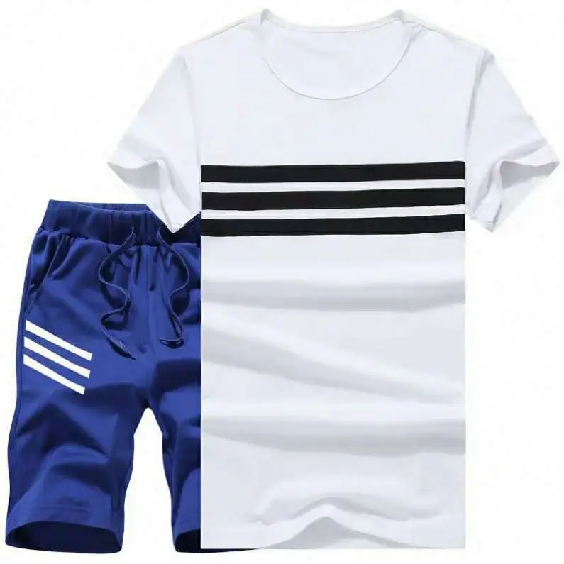 
Summer Men Striped Two Piece Sport Suit Set Short Sleeve gym T shirt Shorts men shorts and shirt set 