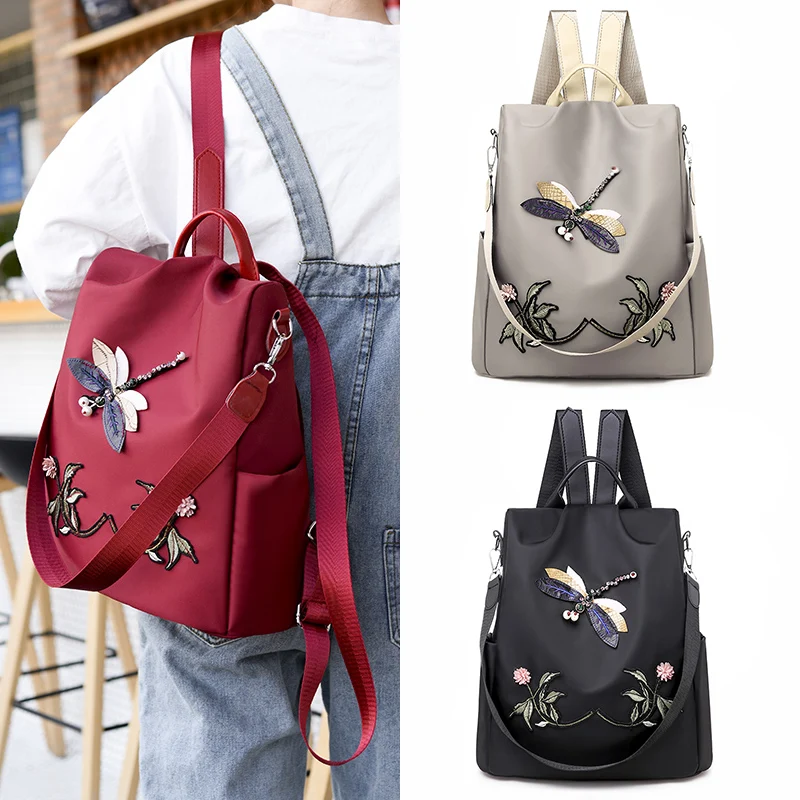Fashion Chinese Style 3D Dragonfly Embroidery Large Capacity Waterproof Anti-theft Shoulder Bag Casual Travel Women bag Backpack