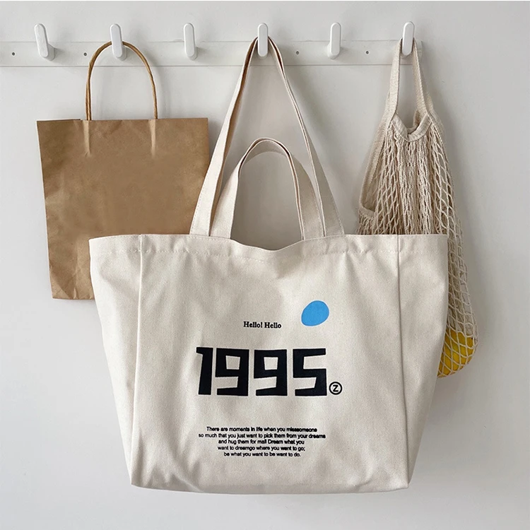High quality Reusable Blank Custom Print Logo Cotton Large Shopping White Canvas Tote Bag With Pocket And Zipper