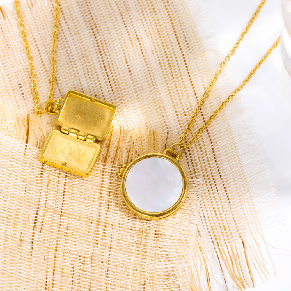White Mother of Pearl Stainless Steel Minimalist Geometric Photo Locket Designs Pendant Necklace for Girls