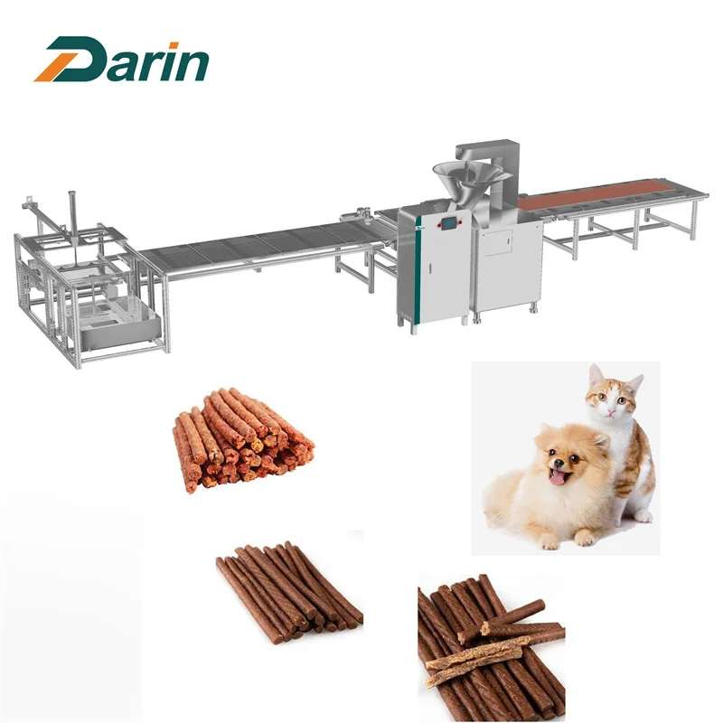 Fully automatic dog chewing meat sticks extruding cutting machine with auto tray loading system
