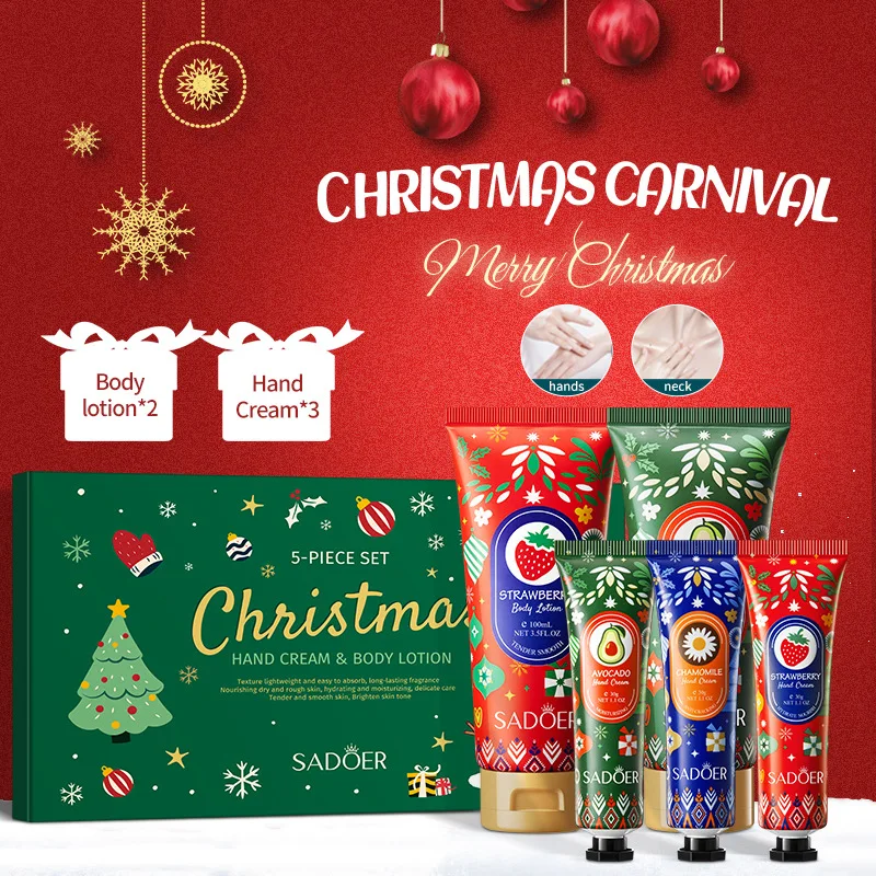 Private Label SADOER Christmas Gifts Set Nourish Anti-cracking Moisturizing Skin 5-Piece Set Natural hand Body Care Cream Lotion