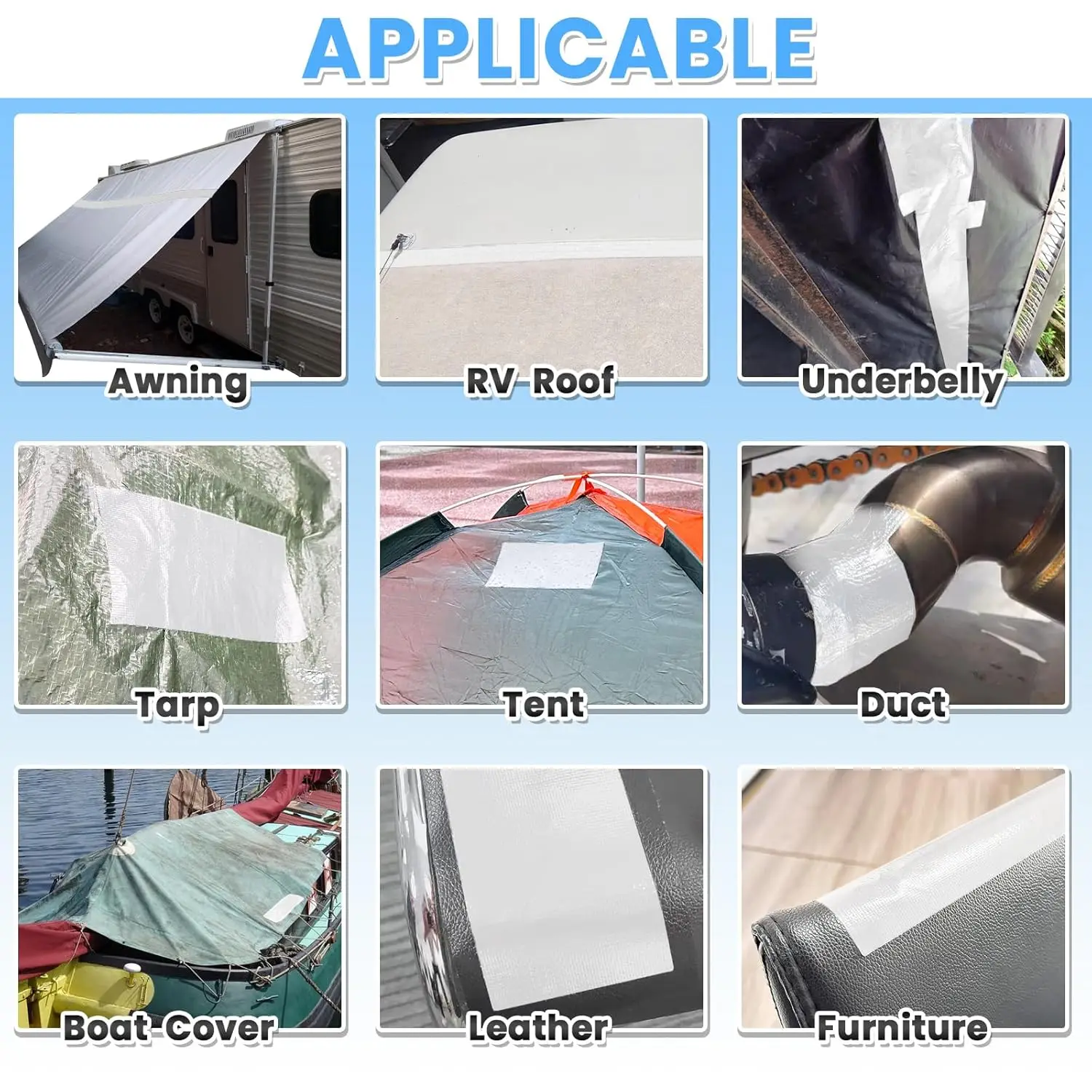 Adhesive roof tape Waterproof Repair Tape for Fabric, Awning, RV Roof, Underbelly, Tarp, Tent, Sail and Boat Cover