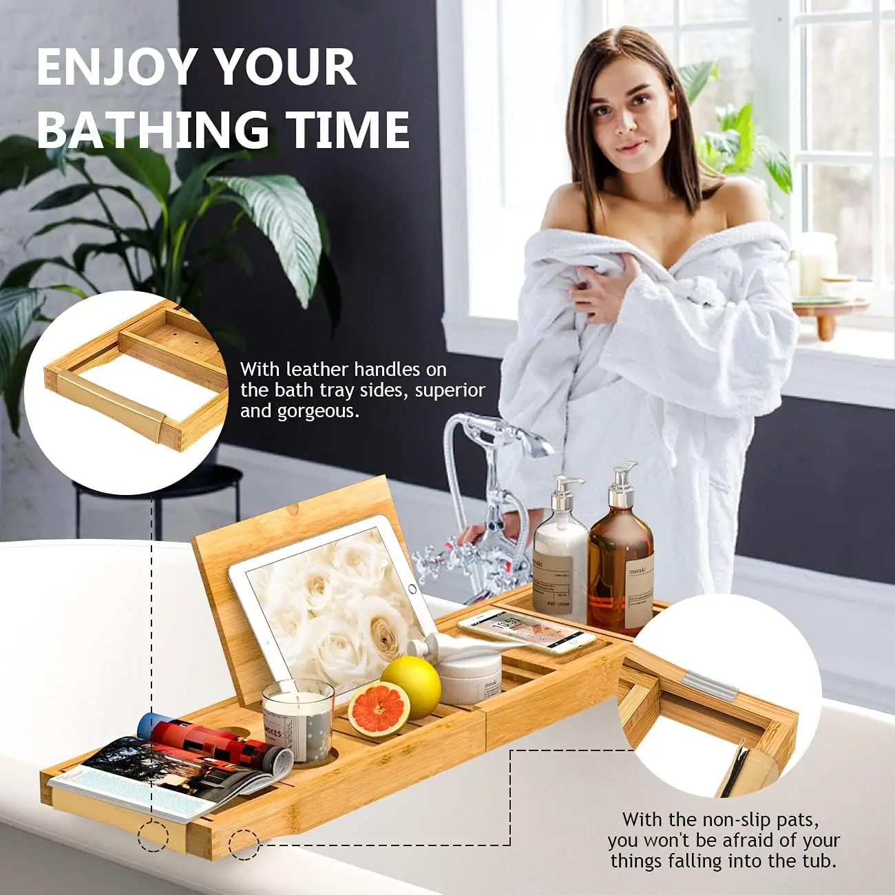 Foldable Soaking Tray Bamboo Bathtub Caddy for home Bathtub Tray With Extending Side