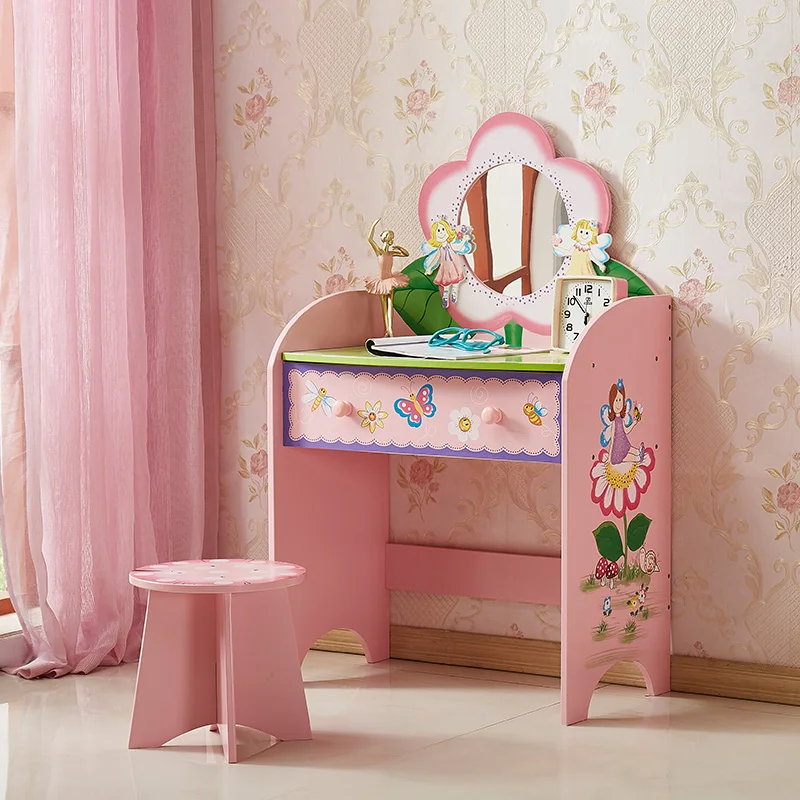 Children Bedroom Dresser Chair Wooden Vanity Table with Modern Designs Makeup Mirror kids dressing table