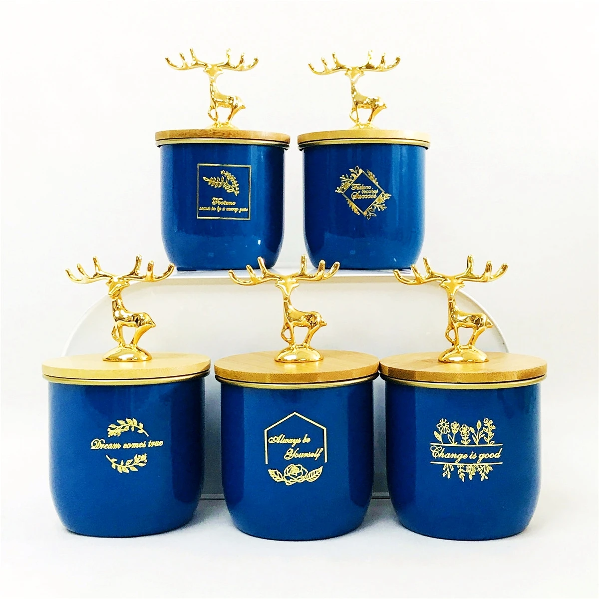 Custom Retro Blue Airtight Kitchen Counter Metal Storage Spice Jars Tea Coffee Sugar Tins Canisters Sets of 3 with Bamboo lid