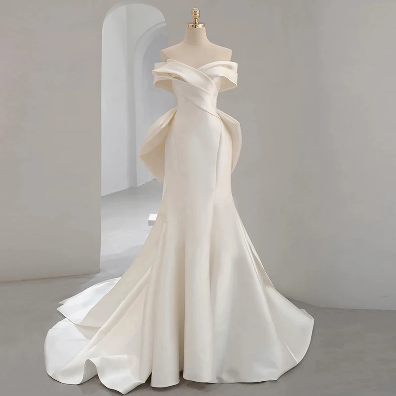 Manufacture made Hot sale luxury Wedding dresses Off-Shoulder A-Line sleeveless satin elegance bridal gown