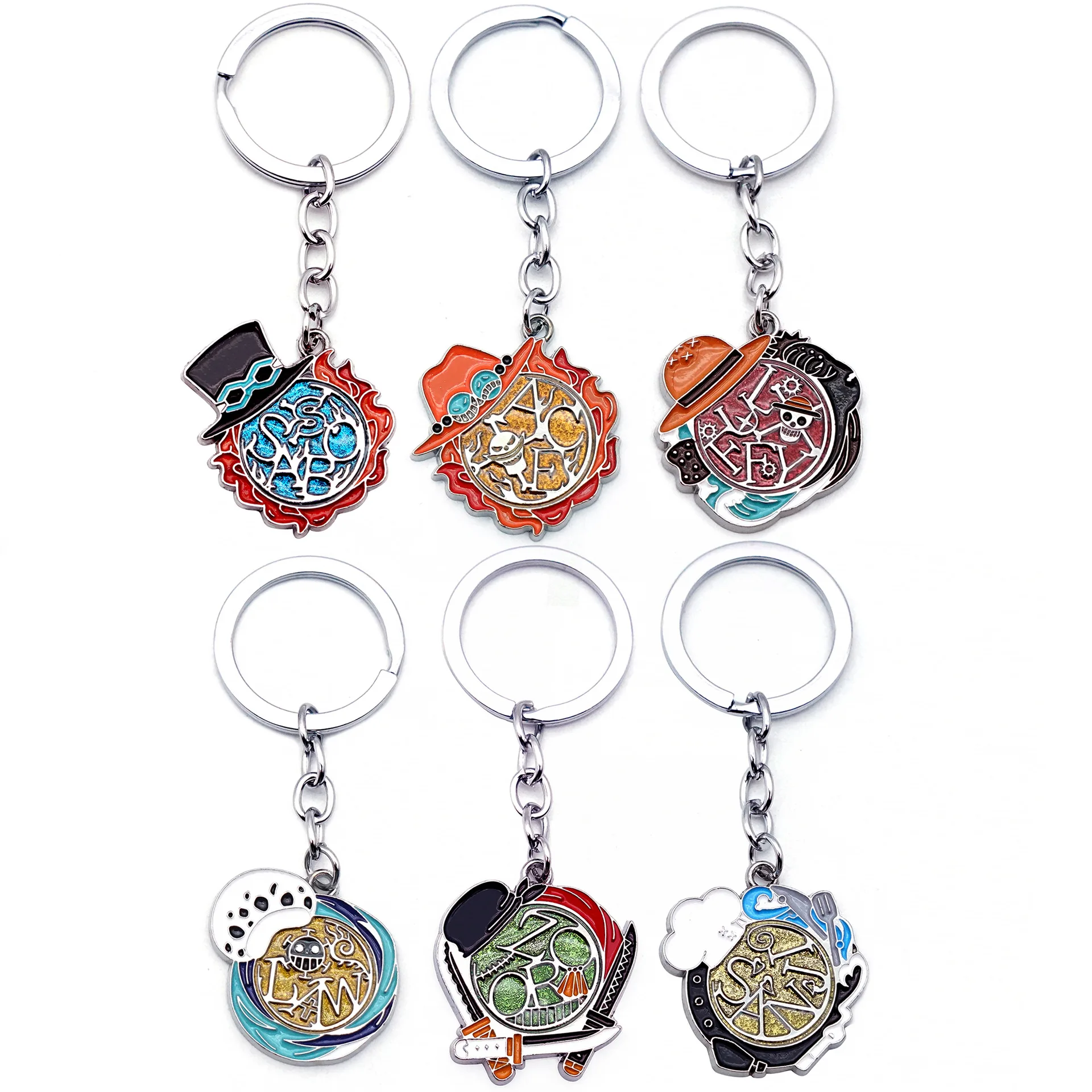 Wholesale 6 Designs Luffy Zoro Straw Hat Metal Enamel Keychain Anime Character Ace Custom Made Metal Keychain Hook Men Keyrings