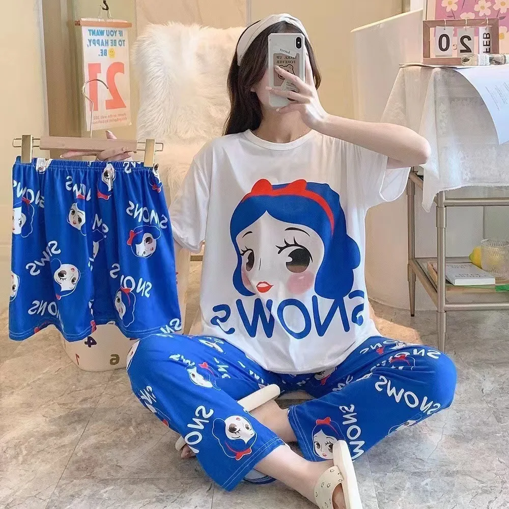 Tik Tok live spring/summer milk silk short-sleeved pajamas cartoon thin three-piece home wear pajamas casual Korean version set