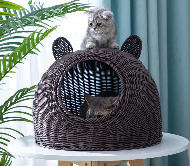 Wholesale Cute Pet Product Cages Houses Summer Washable Eco Friendly PE Rattan Cat Houses Bed