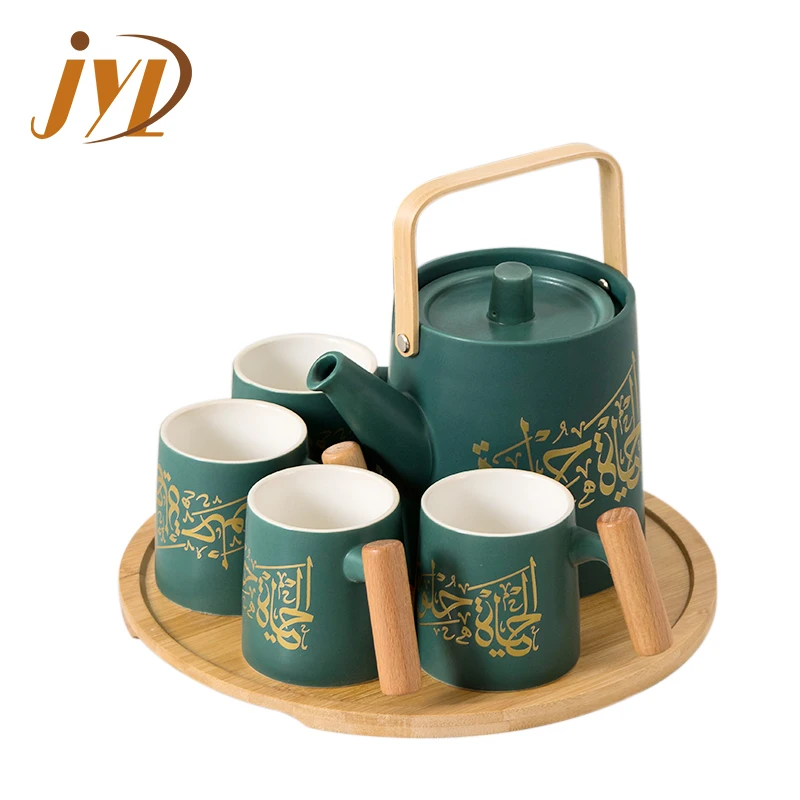 Hot Sale Luxury Modern Green Black White Matt Glaze Golden Pattern Household Ceramic Teapot Sets With Wooden Tray