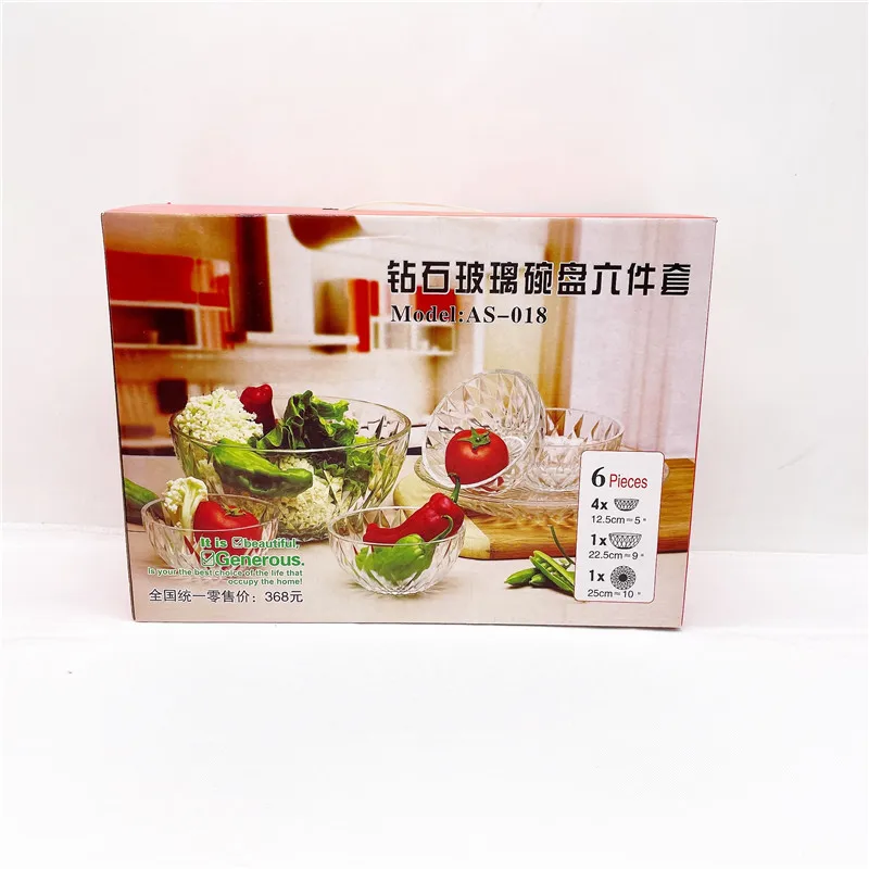 Factory direct sale diamond glass salad bowl glass dessert plate 6-piece set kitchen essential tableware price discount