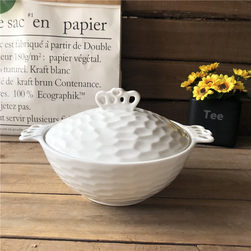 latest design ceramic embossed soup tureen bowls with two handle