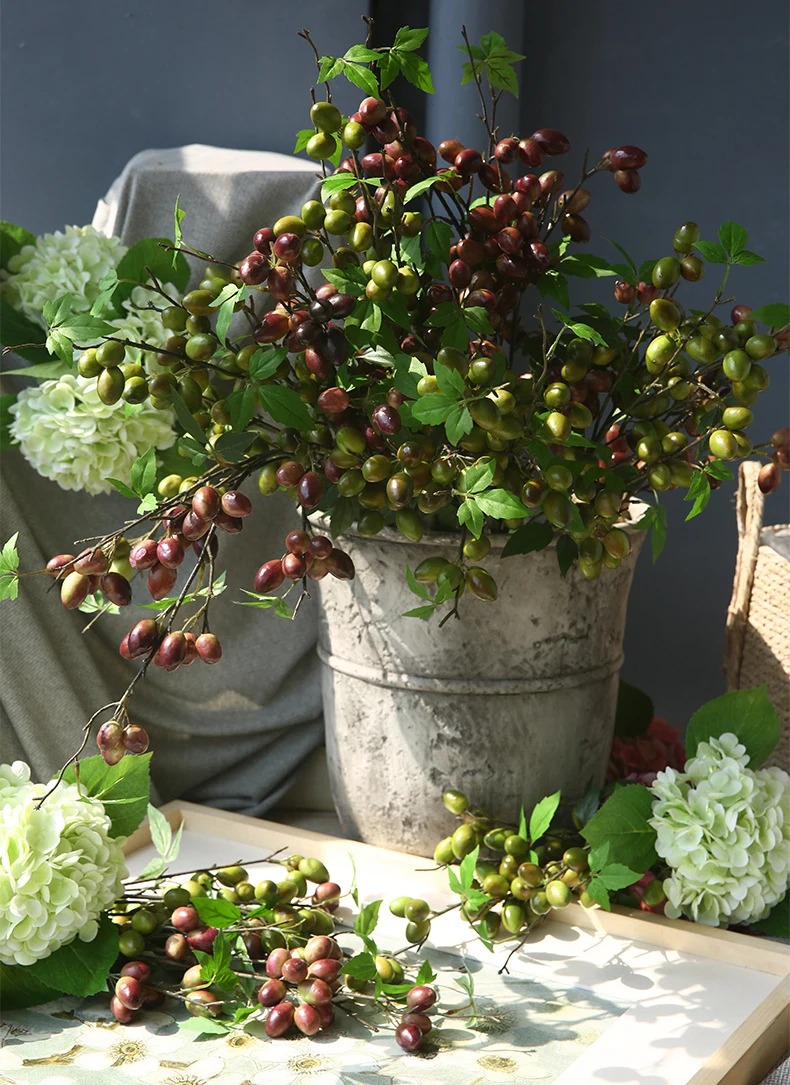 C-AB007 Wholesale Artificial Green Leaf Olive Branch Fruit Kitchen Home PE Olive Fruit Branches for Wedding Party Decor