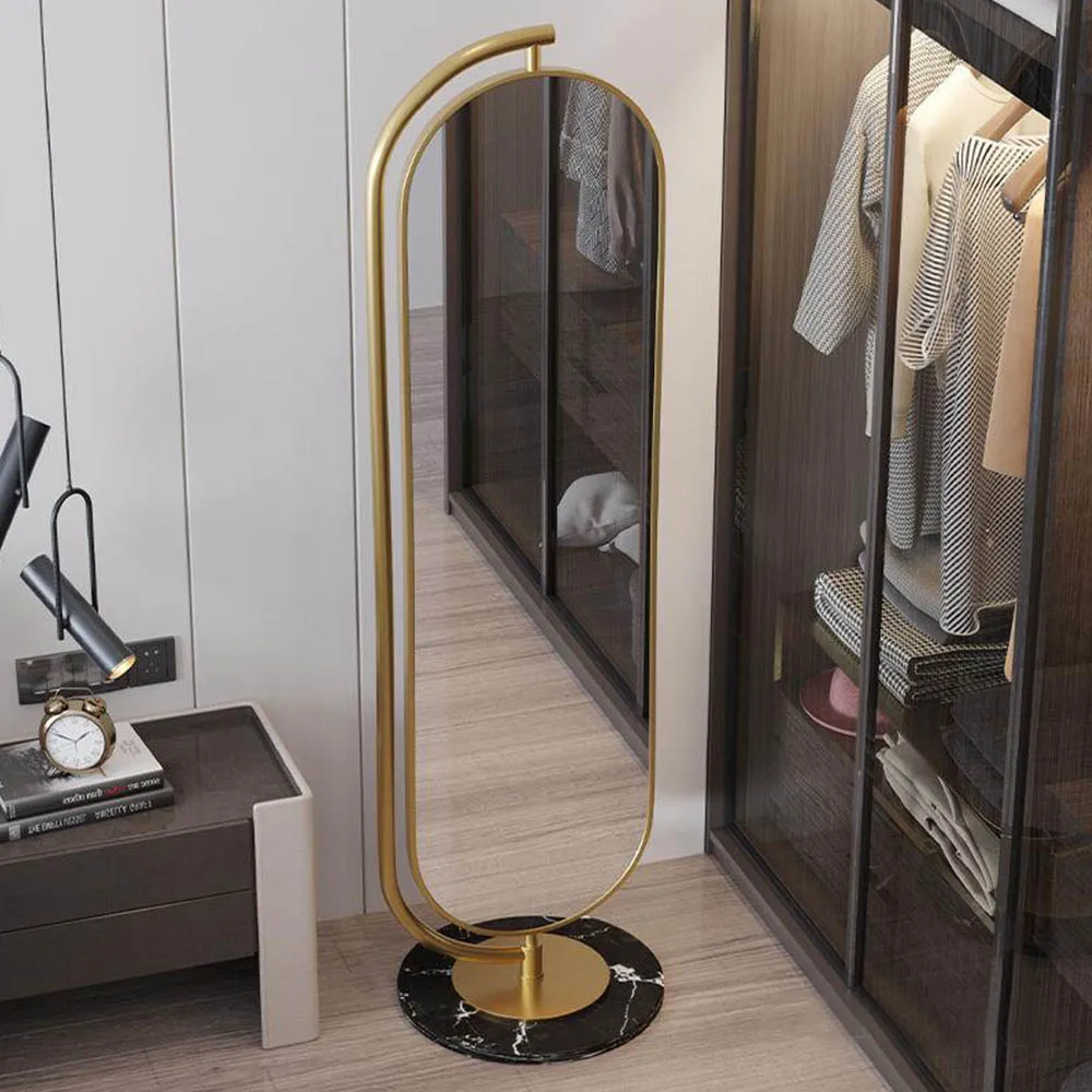 Household Luxury Rotatable Oval Gold Metal Framed Floor Length Standing Mirror With Storage For Bedroom Dressing Room