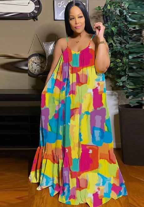 GX23111 Fashion summer boutique clothing women maxi dresses party unique print sleeveless A-line big swing long dress