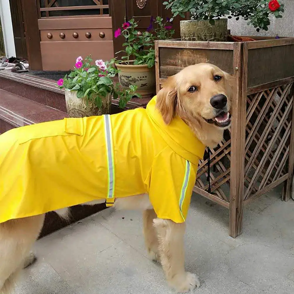 Hot Sale Pet Yellow Stripe Large Dog Raincoat With Hood Large Dog Rain Coat Jacket Reflective Adjustable Pet Dog Raincoat