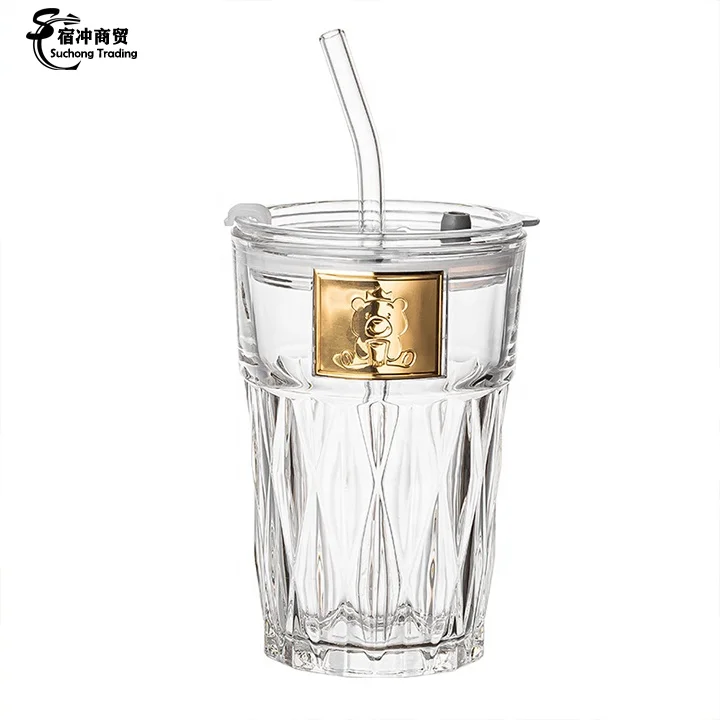 Little Bear Flower Clear Bamboo Glass Tea Coffee Cup Mugs With Lid And Straw