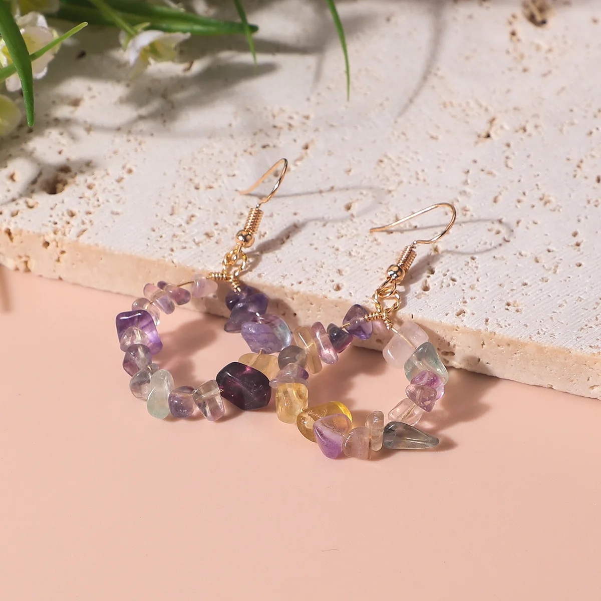 Fluorite stone earrings Stainless material natural stone for women and girls ES027