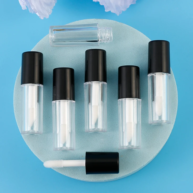 Round matte lip gloss tube transparent clear with black top , empty plastic cosmetic lip gloss tube small custom logo