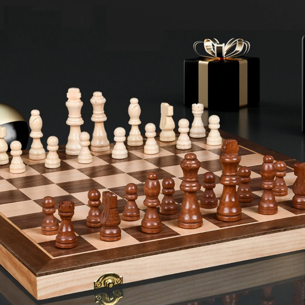 Wooden Magnetic Chess International Checkers 2 In 1 Solid Wood Chess Set Board Games