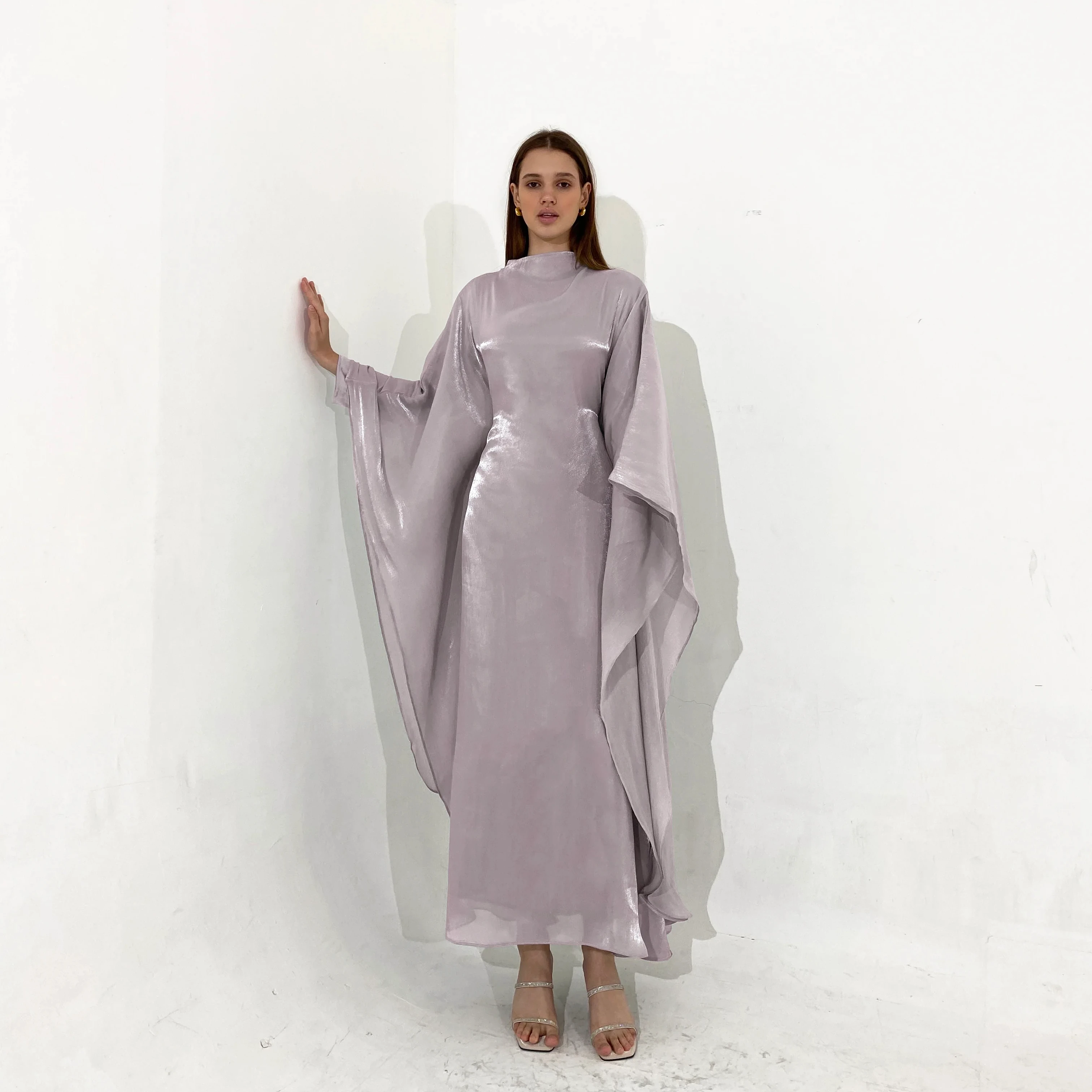 Sheen Kaftan Dress In Lilac With Stain Under Layer,  Chiffon Organza ,  Long Sleeves,  Oversized Loose Cut
