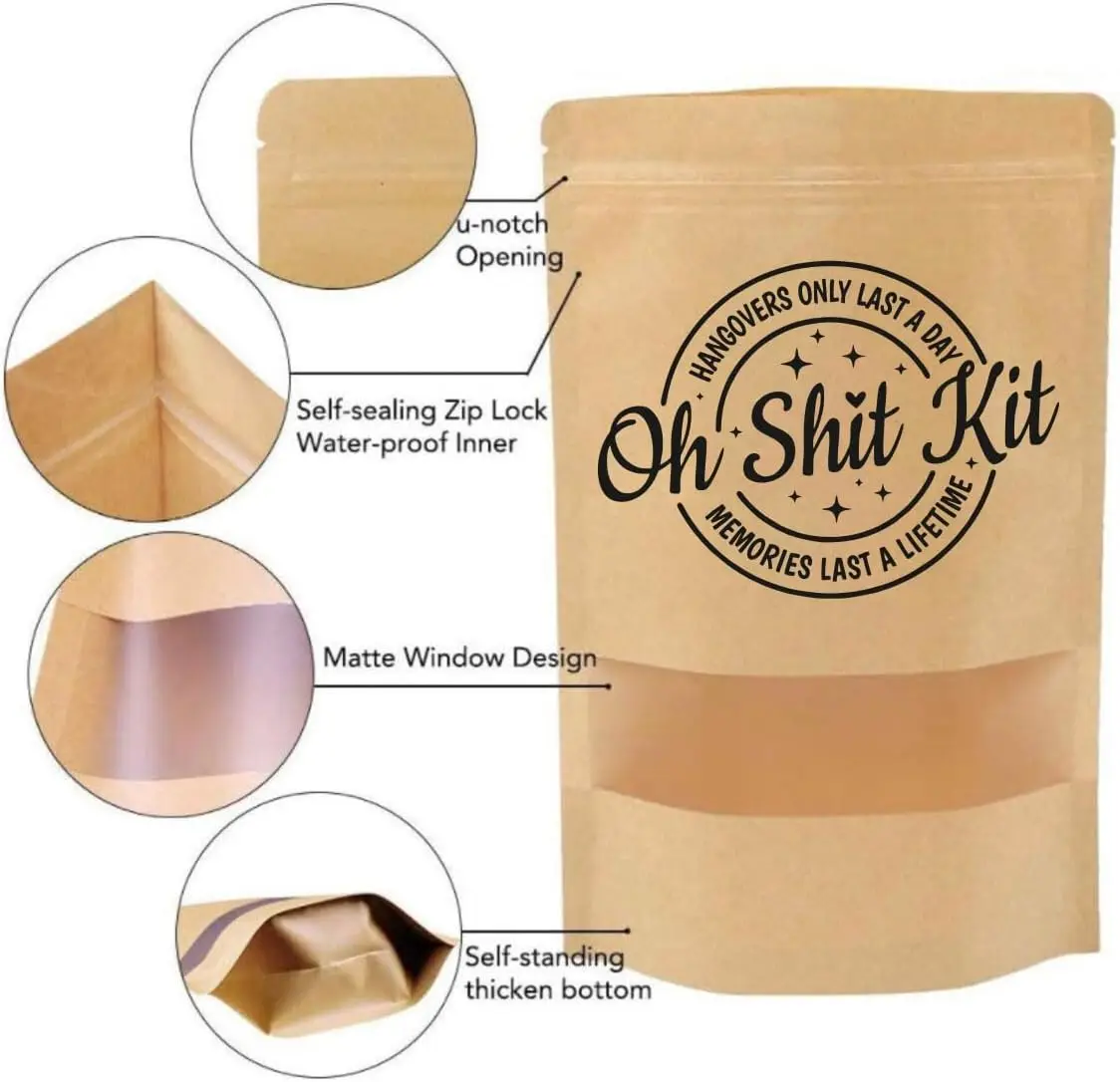 Stand Up Zipper Brown Kraft Paper Bag Resealable Zip lock Heat Seal able Food Storage Packaging Paper Bag With Clear Window