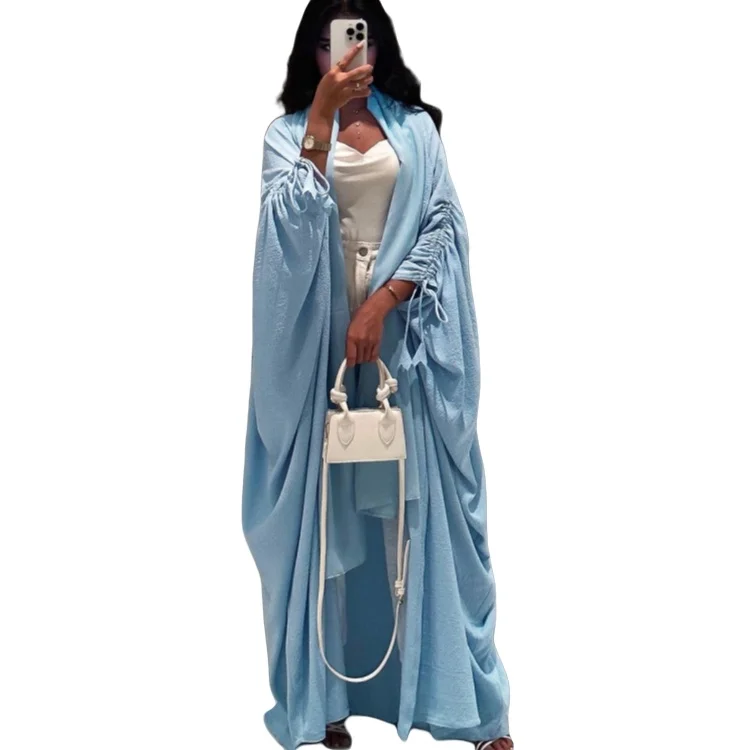 Middle East Europe fashion Muslim Dubai solid color batwing sleeve pleated casual large size cardigan robe abaya clothing