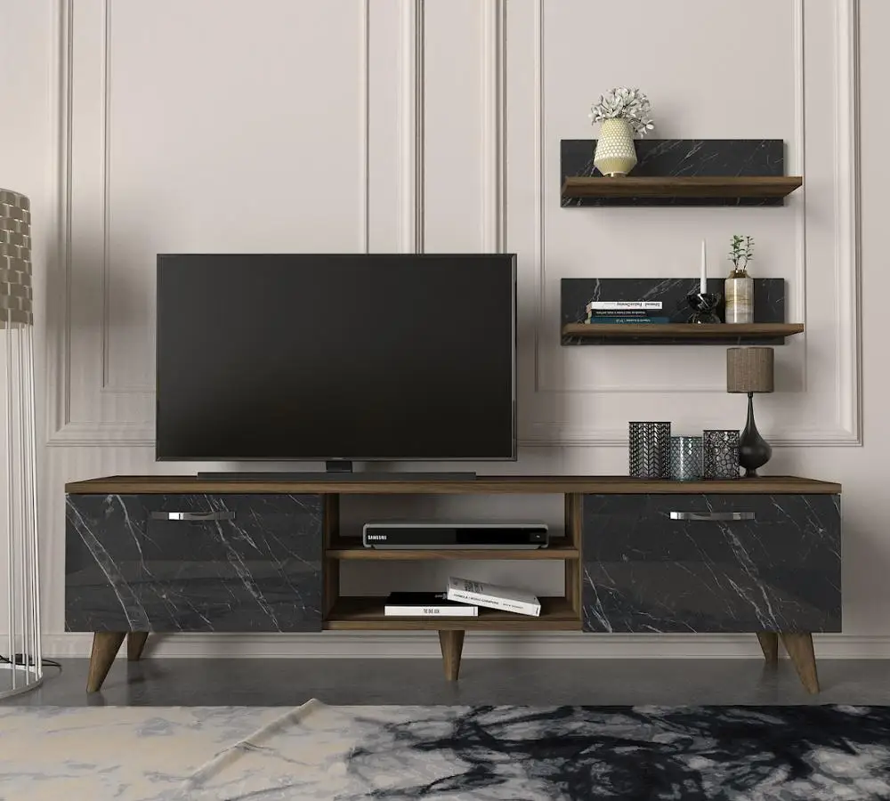 Ayden Wholesale Best Wood Tv Unit Modern Furniture Marble Walnut with Wallshelf