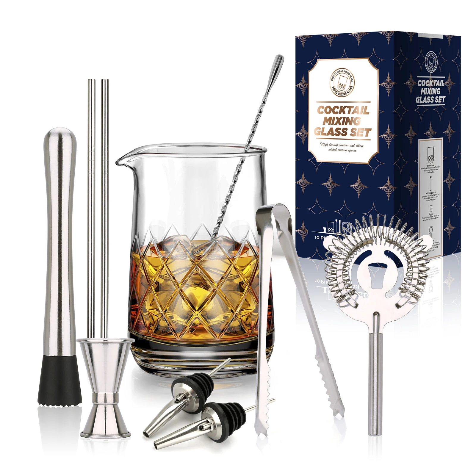 
10 Pcs Crystal Cocktail Mixing Glass Set, 750ml Cocktail Glass Shaker,Bartender Kit for Home Party - Makes a Great Gift 