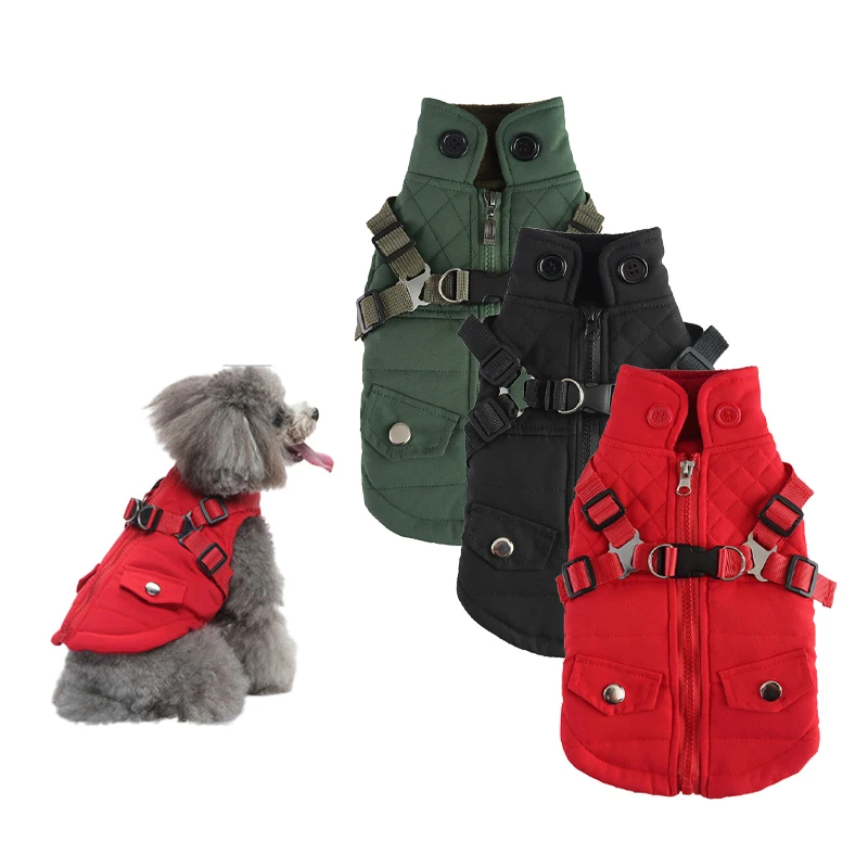 Small Dog Winter Jacket with Waterproof Harness Warm Pet Clothing made of Polyester Cotton for Spring Season Available XXL XL XS