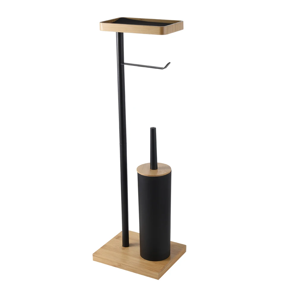 Bamboo standing paper holders toilet roll stand with weighted base