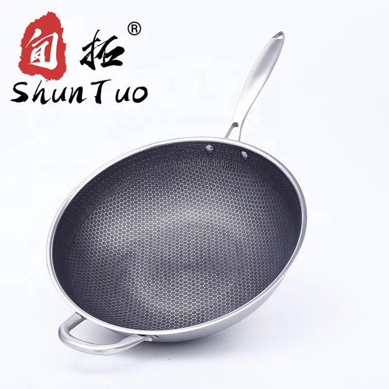 
gas two ears honeycomb nonstick Triply 304 stainless steel cooking pan induction chinese wok pan 