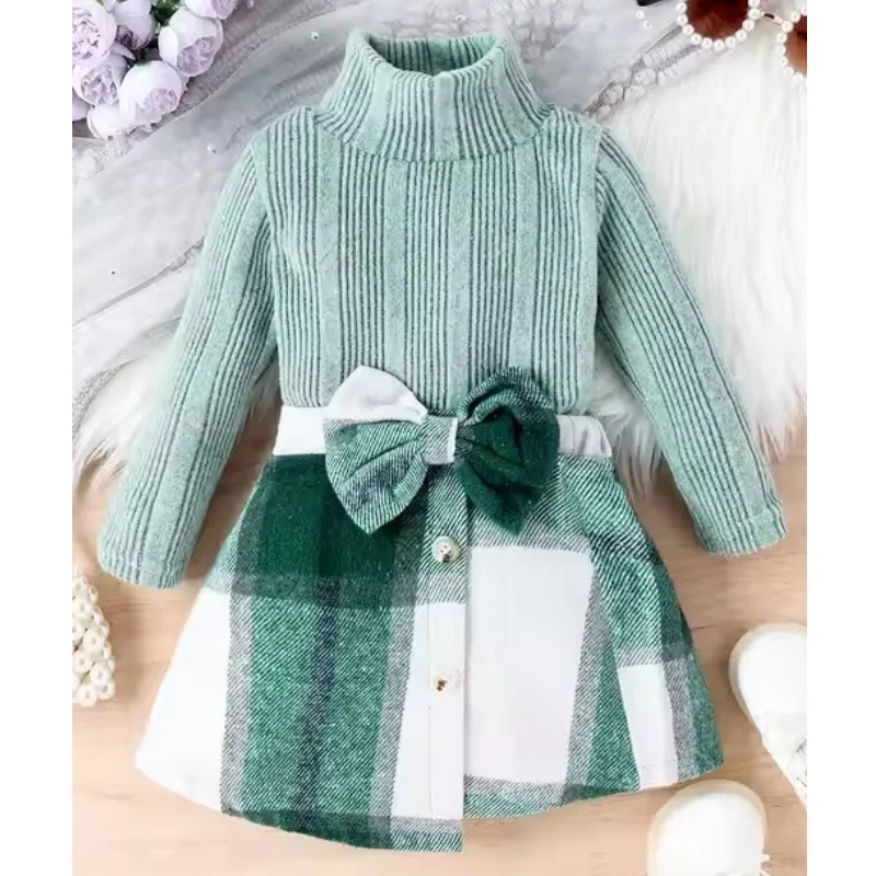 Ms-66 Children Clothing Sets Long Sleeve Tshirt Tops+Plaid Skirt Formal Outfits Winter Dress for Baby Girls 3-4 Years